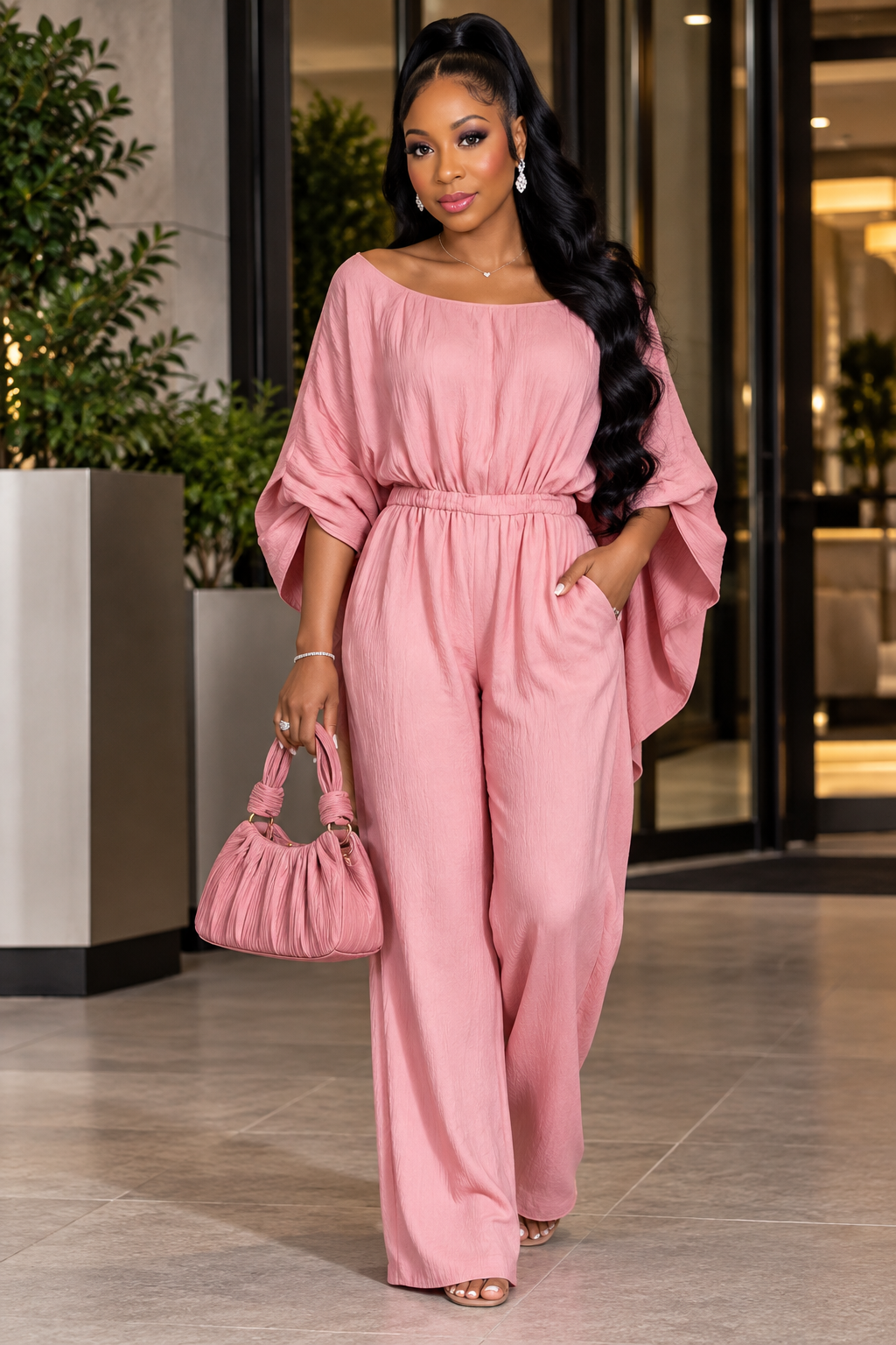 Full Size Boat Neck Batwing Sleeve Wide-Leg Jumpsuit Plus Size